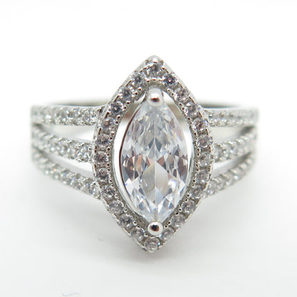925 Sterling Silver Round & Marquise-Cut C Z Engagement Ring Size 7.5