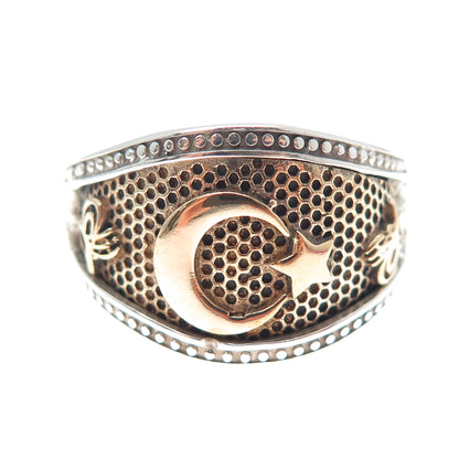 925 Sterling Silver 2-Tone Vintage Crescent & Star Allah Muslim Ring Size 12.5