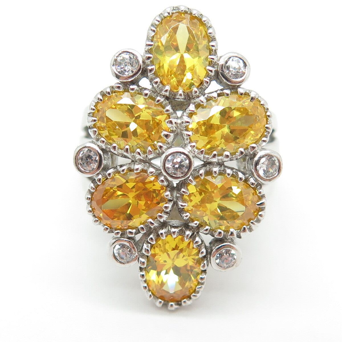 925 Sterling Silver Oval & Round-Cut Canary White C Z Cluster Ring Size 7