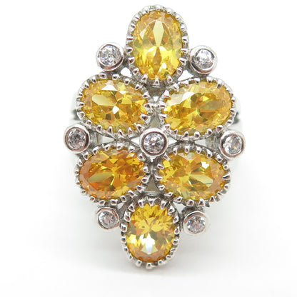 925 Sterling Silver Oval & Round-Cut Canary White C Z Cluster Ring Size 7