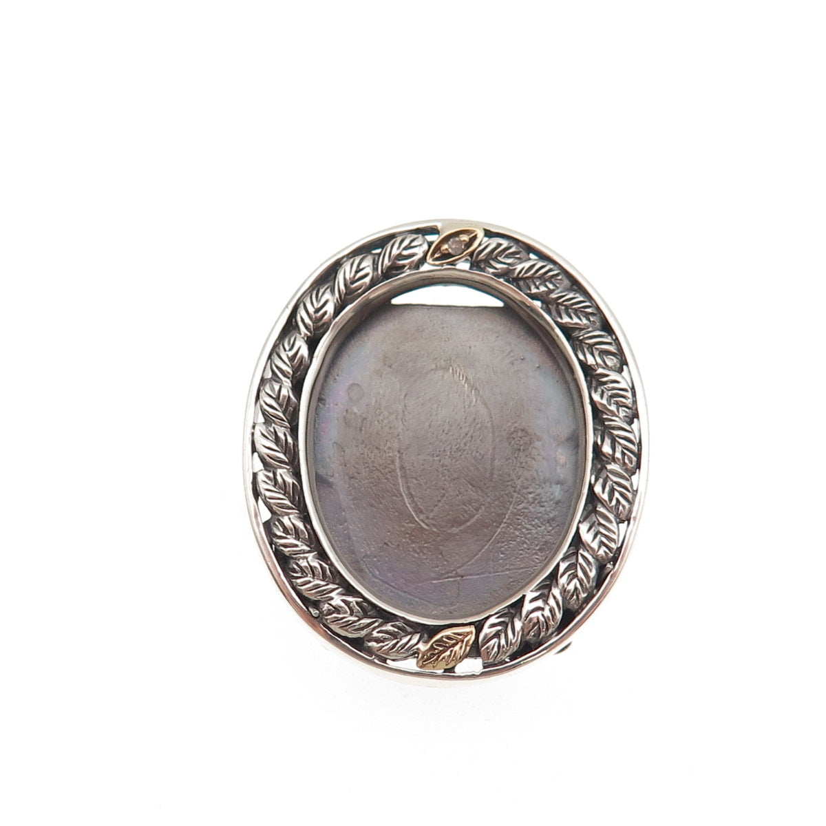 925 Sterling Silver 10K Gold Vintage Real Diamond Picture Frame Brooch / Pendant