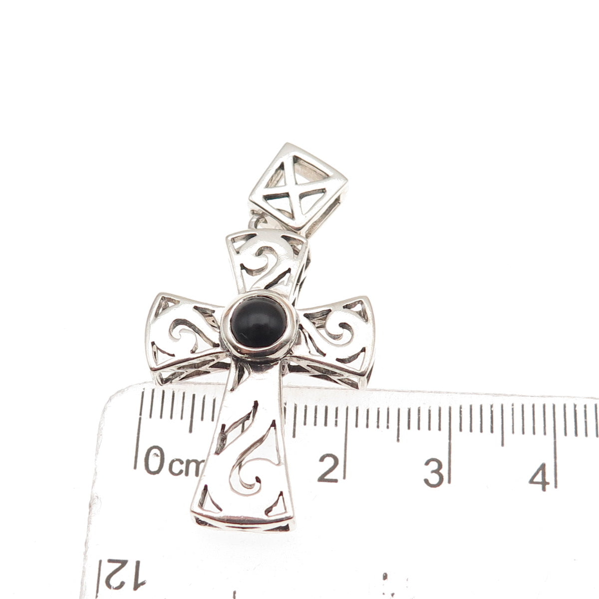 925 Sterling Silver Vintage Real Black Onyx Spiral Cross Charm Pendant