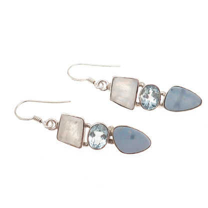 925 Sterling Silver Vintage Real Moonstone Opal & Blue Topaz Dangle Earrings