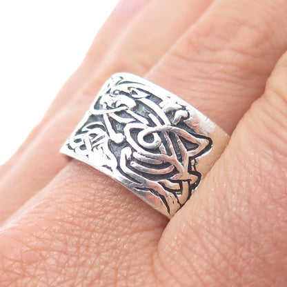 925 Sterling Silver Vintage Celtic Dragon Knot Oxidized Wide Band Ring Size 11