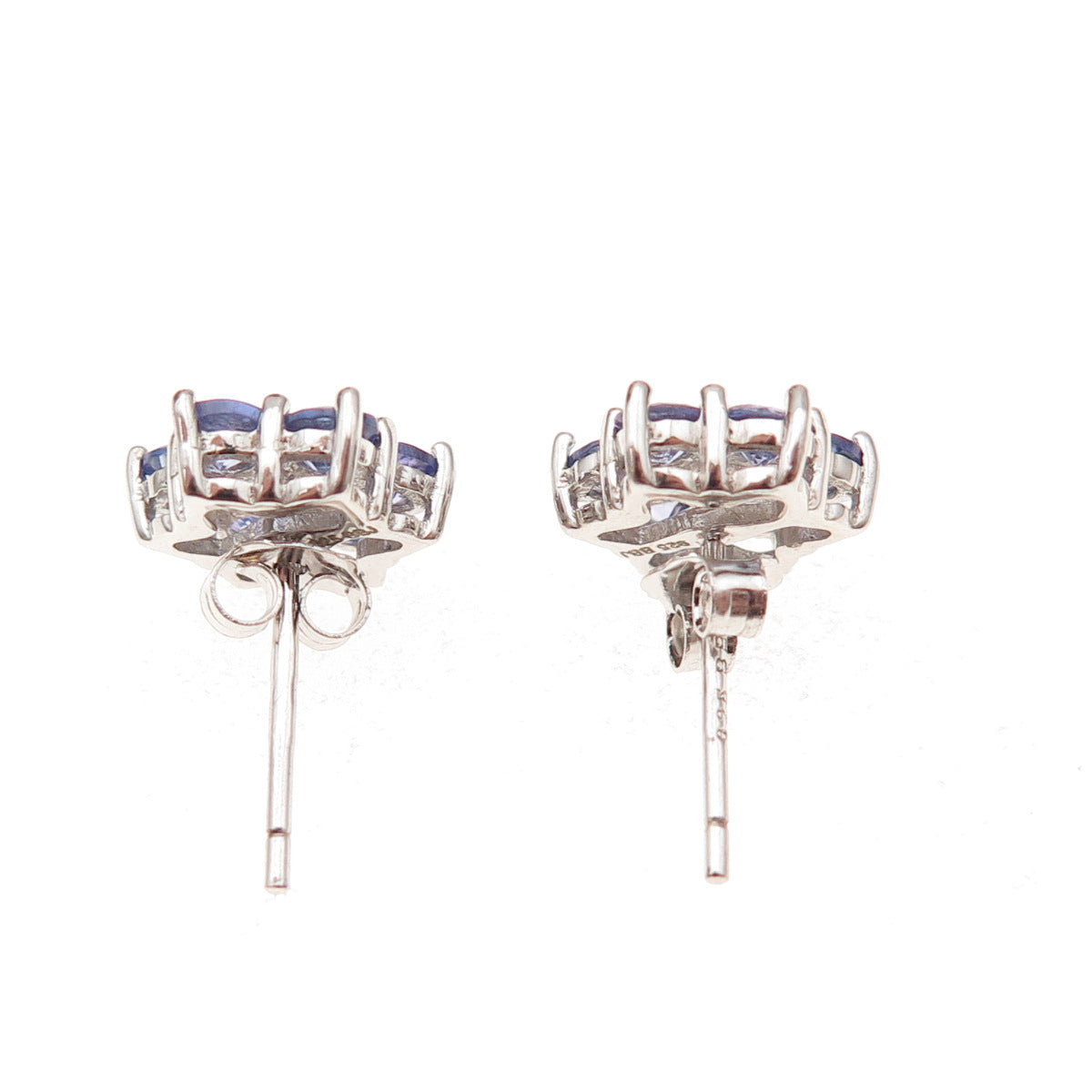 925 Sterling Silver Real Round-Cut Diamond & Tanzanite Floral Stud Earrings
