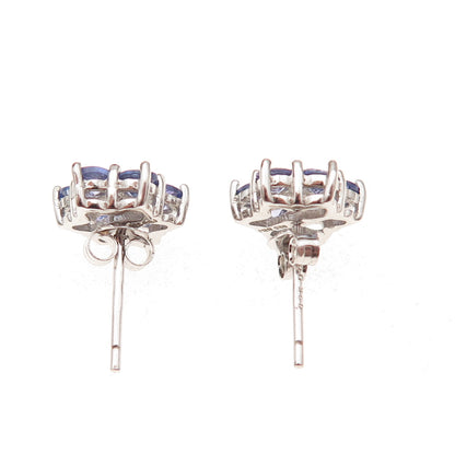 925 Sterling Silver Real Round-Cut Diamond & Tanzanite Floral Stud Earrings