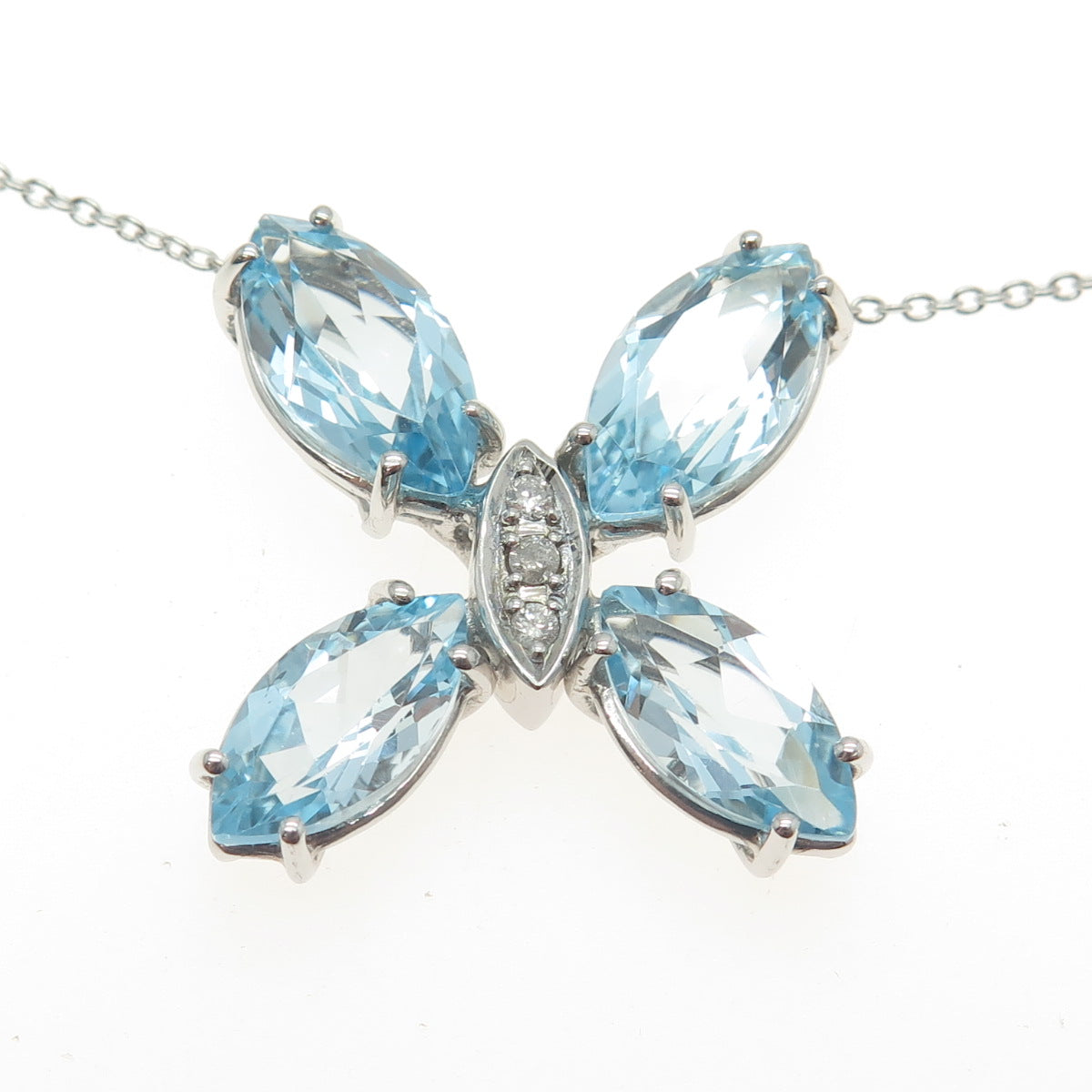 925 Sterling Silver Real White Diamond & Blue Topaz Gem Butterfly Necklace 18"