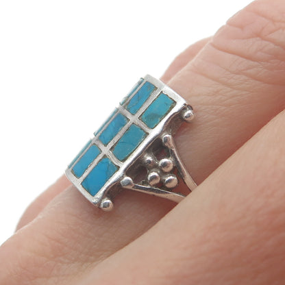 925 Sterling Silver Vintage Bisbee Turquoise Gem Checkerboard Ring Size 7.25