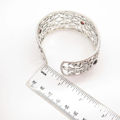 925 Sterling Silver Vintage Real Red Garnet Gem Ornate Cuff Bracelet 7"