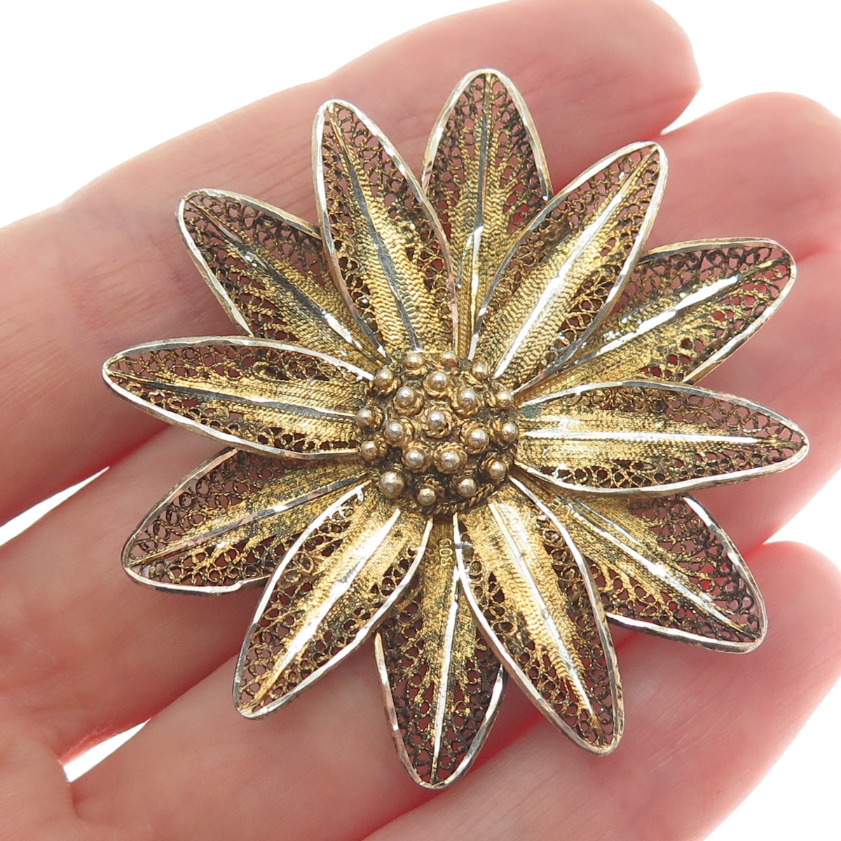 800 Silver Gold Plated Vintage Flower Filigree Pin Brooch