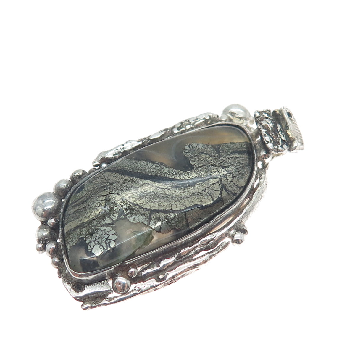 925 Sterling Silver Vintage Real Pyrite Agate Gem Modernist Slide Pendant
