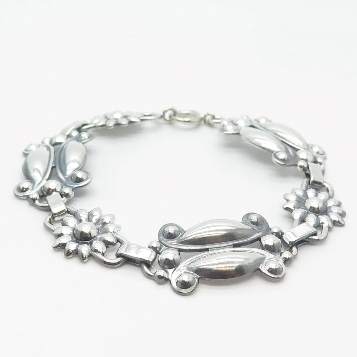 925 Sterling Silver Vintage Floral Link Bracelet 7.5"