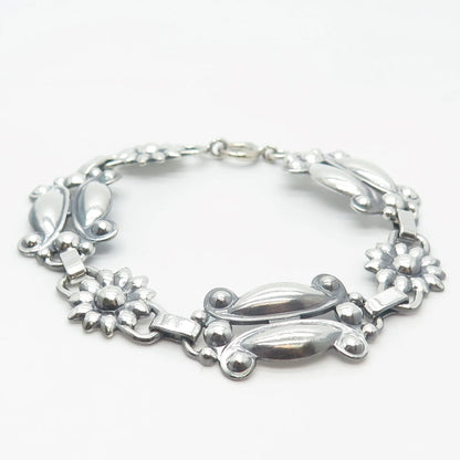 925 Sterling Silver Vintage Floral Link Bracelet 7.5"
