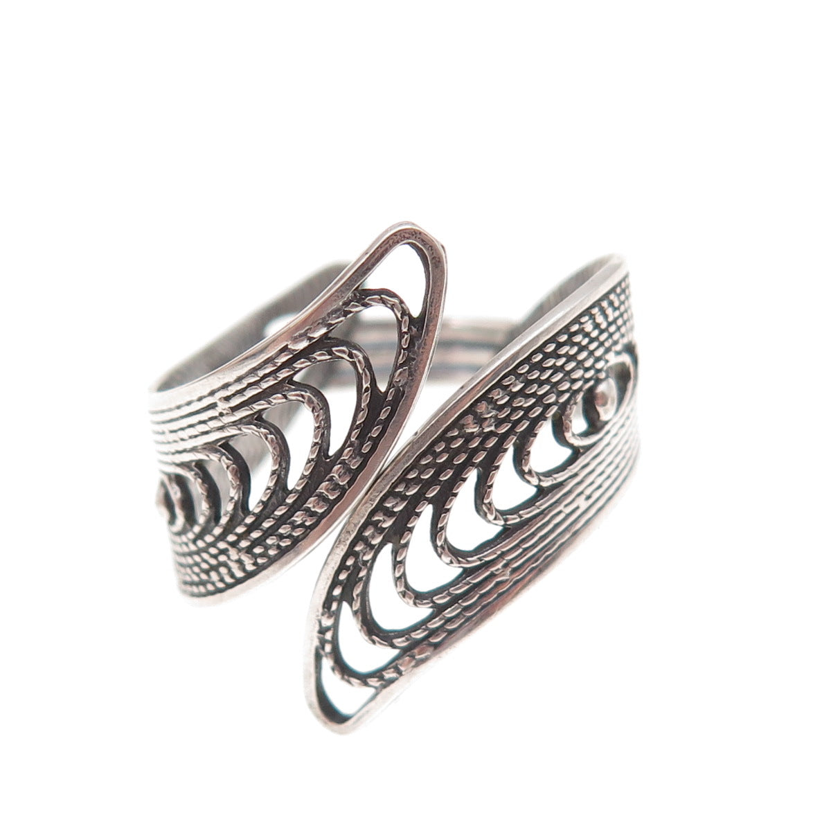 Beau Sterling Silver Antique Art Deco Filigree Bypass Adjustable Ring Size 9.75