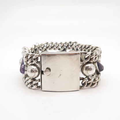 925 Sterling Silver Vintage Mexico Amethyst Gem Wide Cable Link Bracelet 6.25"