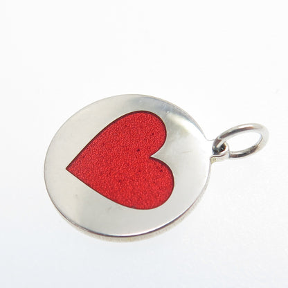 925 Sterling Silver Red Enamel Heart Round Tag Minimalist Charm Pendant