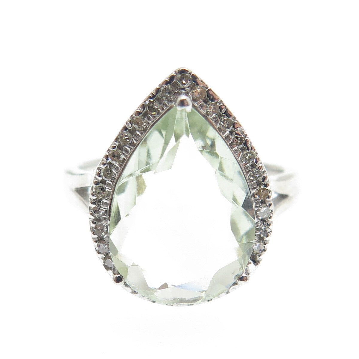 DSMK 925 Sterling Silver Diamond & Pear-Cut Green Amethyst Gem Ring Size 7.25