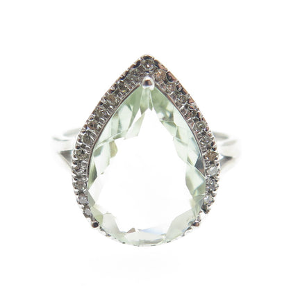 DSMK 925 Sterling Silver Diamond & Pear-Cut Green Amethyst Gem Ring Size 7.25