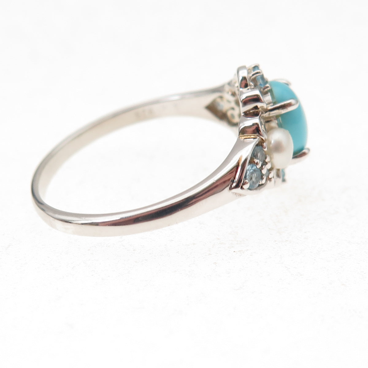 925 Sterling Silver Real Turquoise Pearl & Blue Topaz Ring Size 10.25