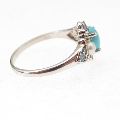 925 Sterling Silver Real Turquoise Pearl & Blue Topaz Ring Size 10.25