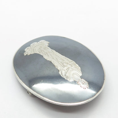 925 Sterling Silver Vintage Siam Hindu Goddess Oval Pin Brooch