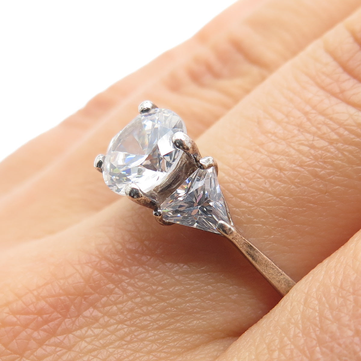925 Sterling Silver Round & Triangle-Cut C Z Engagement Ring Size 10