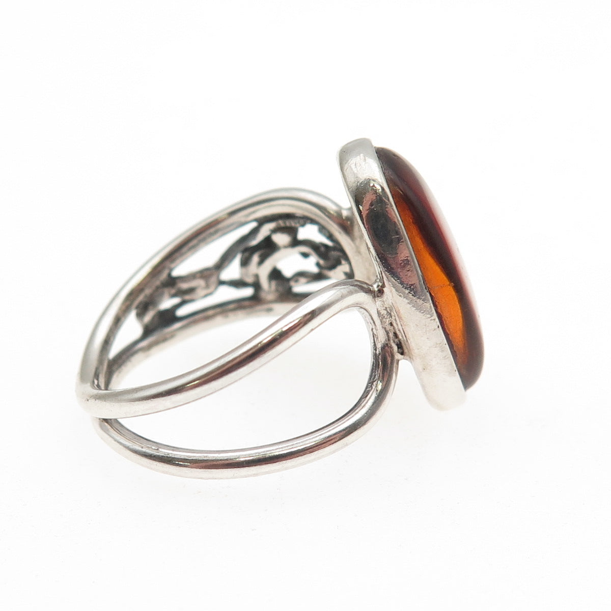 925 Sterling Silver Vintage Real Amber Modernist Oxidized Ring Size 6.5