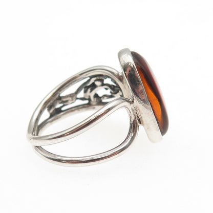 925 Sterling Silver Vintage Real Amber Modernist Oxidized Ring Size 6.5
