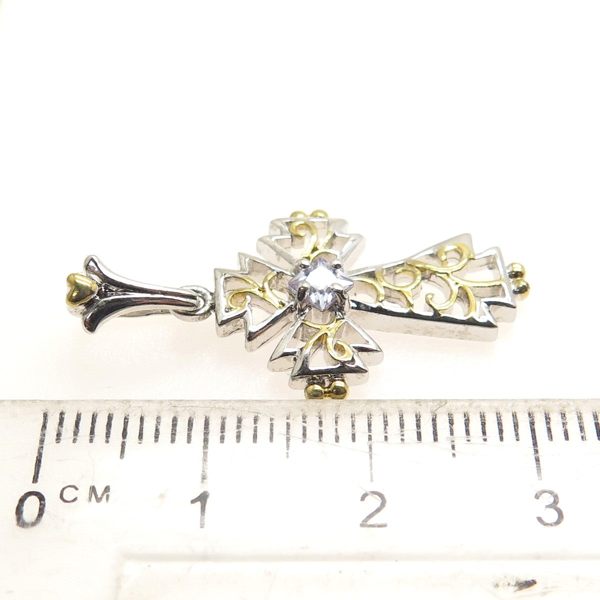 925 Sterling Silver 2-Tone Princess-Cut Lavender C Z Cross Minimalist Pendant