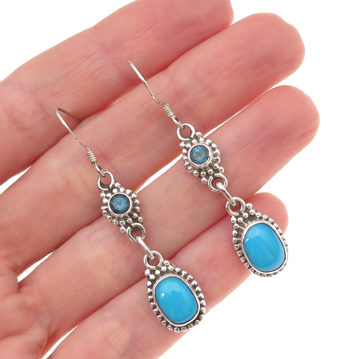 925 Sterling Silver Vintage Real Turquoise & London Blue Topaz Dangle Earrings