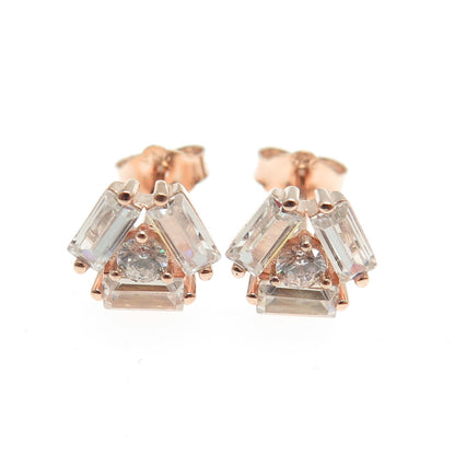 925 Sterling Silver Rose Gold Plated Baguette & Round-Cut C Z Stud Earrings