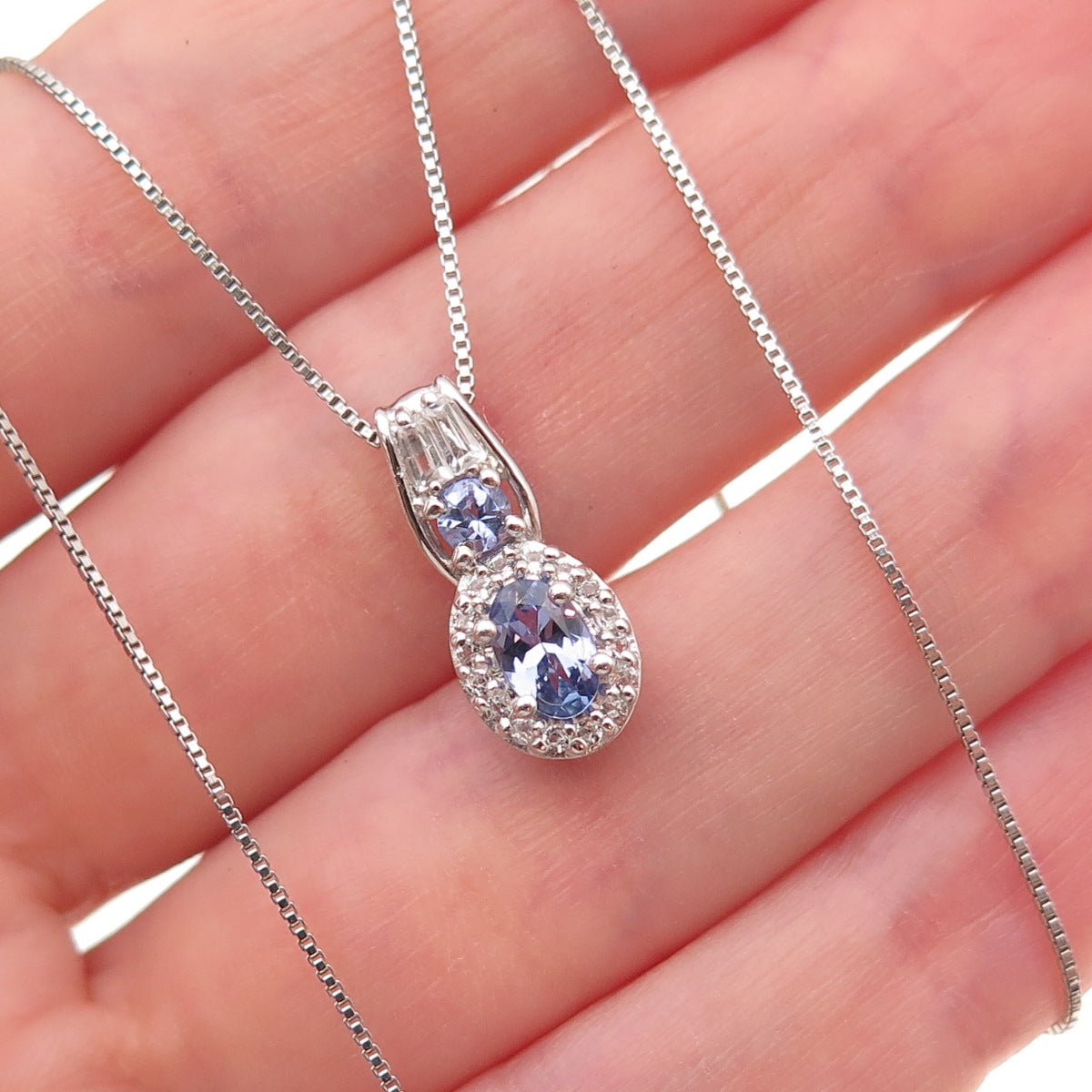 Chuck Clemency 925 Sterling Real Tanzanite & White Topaz Box Chain Necklace 18"