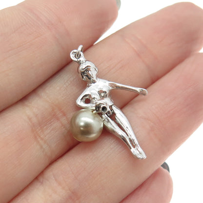 925 Sterling Silver Antique Art Deco Faux Pearl Circus Artist Movable Pendant