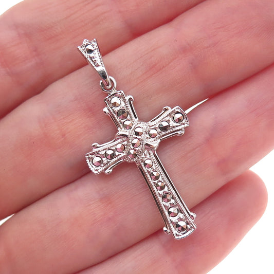 Theda 925 Sterling Silver Antique Art Deco Real Marcasite Cross Charm Pendant