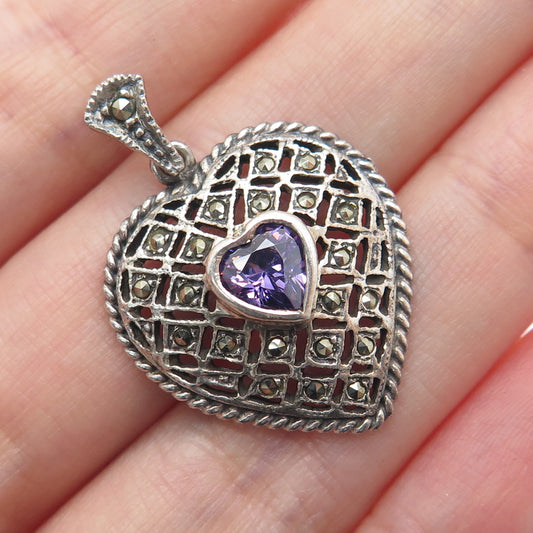 925 Sterling Silver Vintage Marcasite Lavender C Z Heart Oxidized Charm Pendant