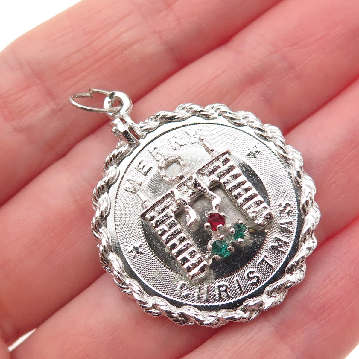 925 Sterling Silver Vintage Rhinestone Merry Christmas Fireplace Charm Pendant