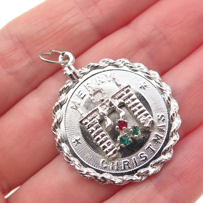 925 Sterling Silver Vintage Rhinestone Merry Christmas Fireplace Charm Pendant