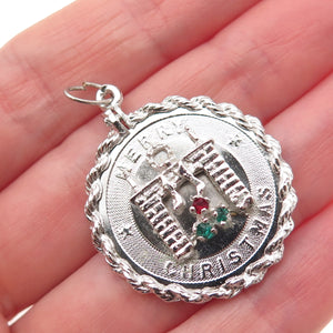 925 Sterling Silver Vintage Rhinestone Merry Christmas Fireplace Charm Pendant