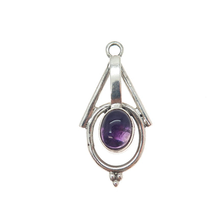 925 Sterling Silver Vintage Real Amethyst Modernist Oxidized Charm Pendant