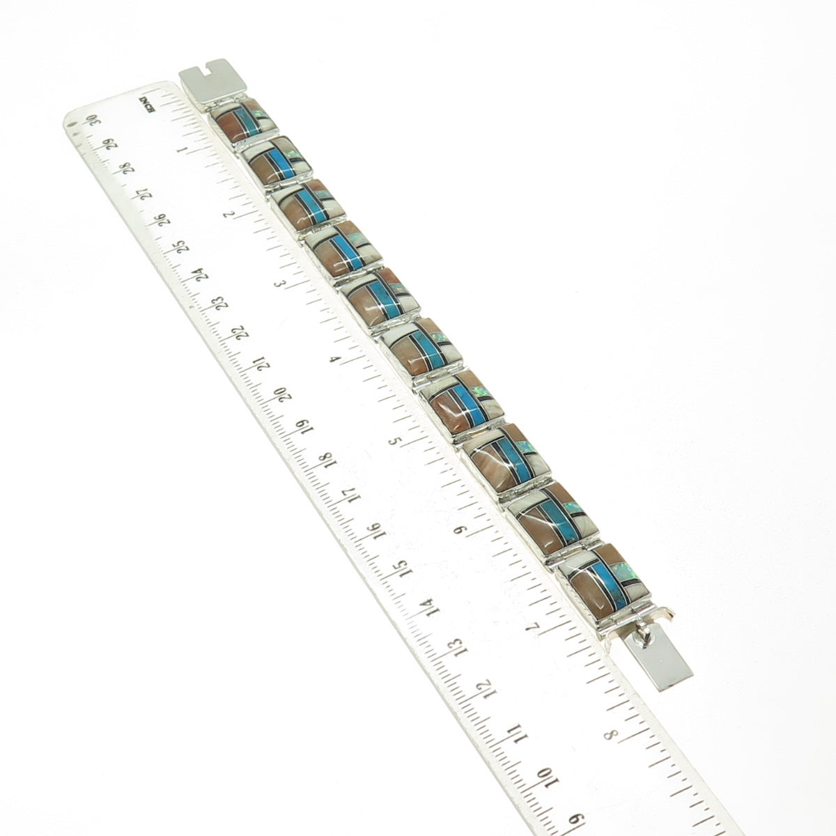 925 Sterling Vintage Southwestern Turquoise Agate Onyx Opal & MOP Bracelet 7.25"