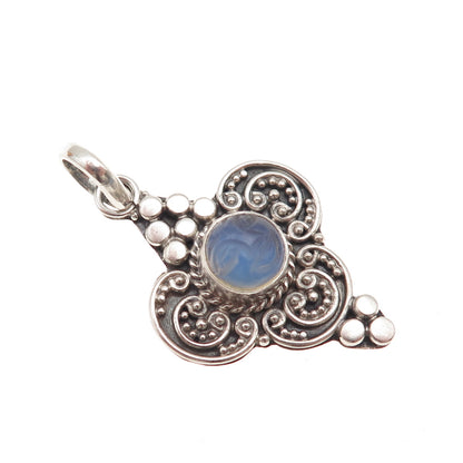 925 Sterling Silver Vintage Real Moonstone Moon Goddess Granulated Charm Pendant