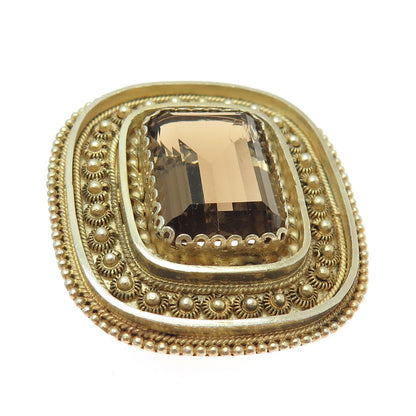 935 Silver Gold Plated Vintage Israel Smoky Quartz Cannetille Brooch / Pendant