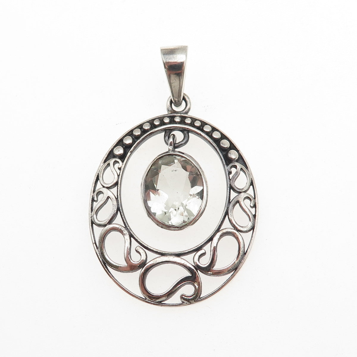 925 Sterling Silver Vintage Real Green Amethyst Crescent Charm Pendant