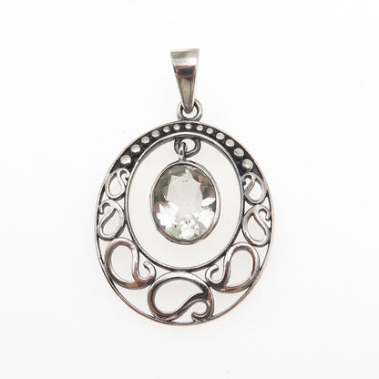 925 Sterling Silver Vintage Real Green Amethyst Crescent Charm Pendant