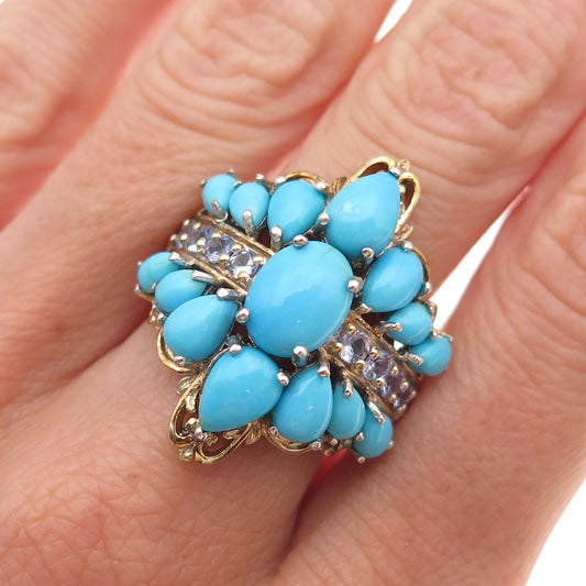 Chuck Clemency 925 Sterling 2-Tone Real Turquoise & Tanzanite Ring Size 7.25