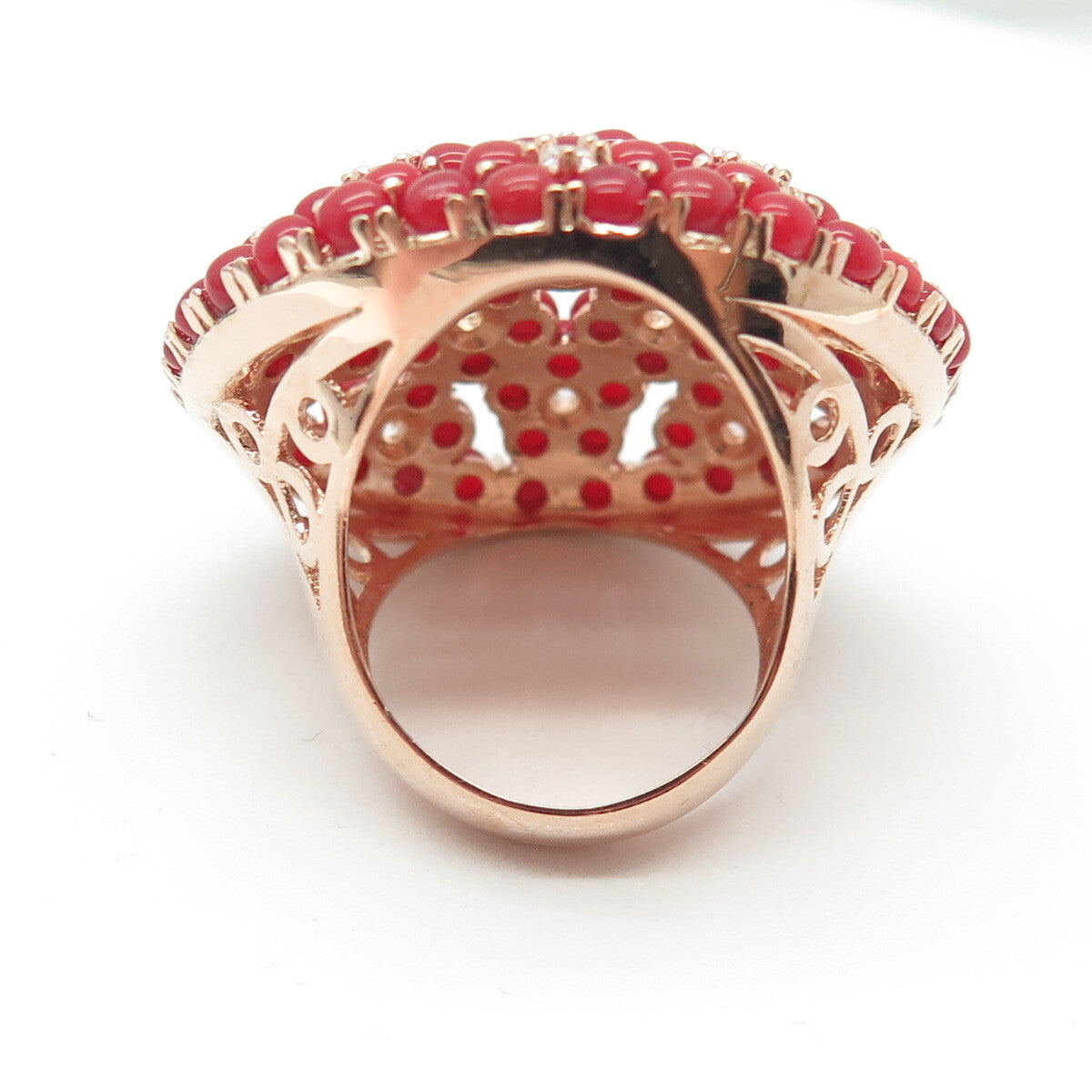 925 Sterling Silver Rose Gold Plated Coral & C Z Dome Statement Ring Size 7.25