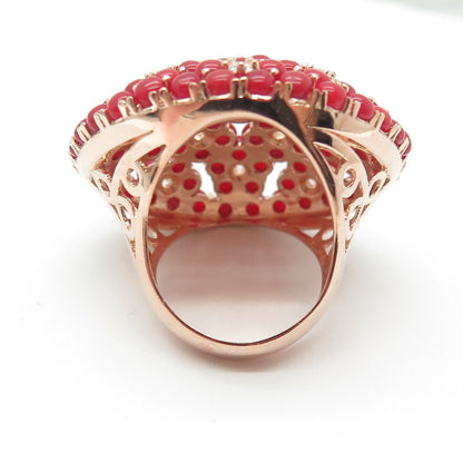925 Sterling Silver Rose Gold Plated Coral & C Z Dome Statement Ring Size 7.25