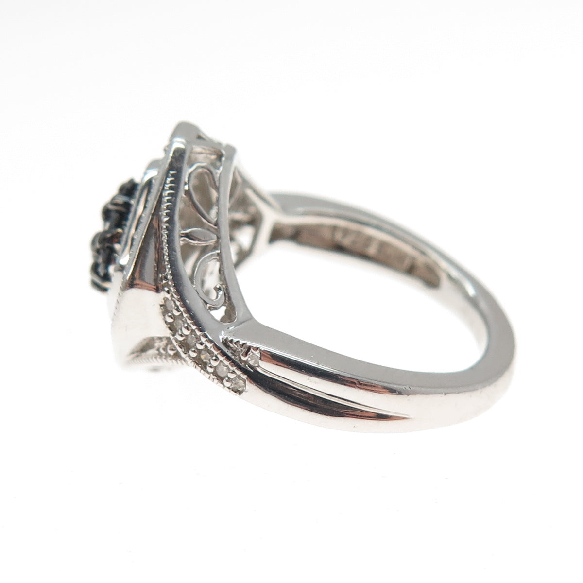 SUN 925 Sterling Silver Real Round-Cut Black & White Diamond Ring Size 6.25