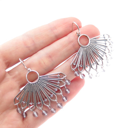 925 Sterling Silver Vintage Clear Crystal Modernist Fan Oxidized Earrings