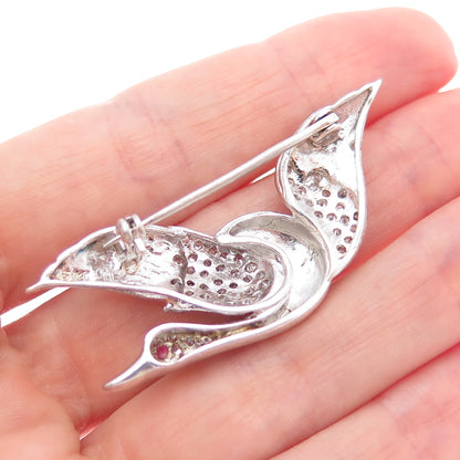 925 Sterling Silver Vintage Real Ruby & Rhinestone Swan Pin Brooch